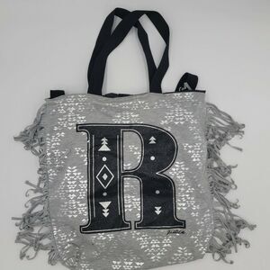 Justice Silver Black Initial "R" Tote Bag Fringe Lined Boho Southwestern Y2K